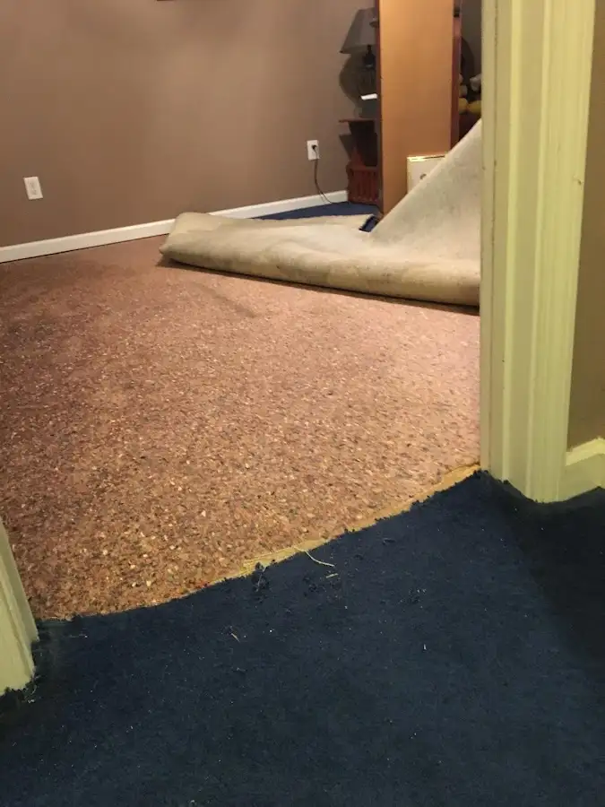 Carpet pad removal revealing water damage during Water Mitigation Services in Anaheim
